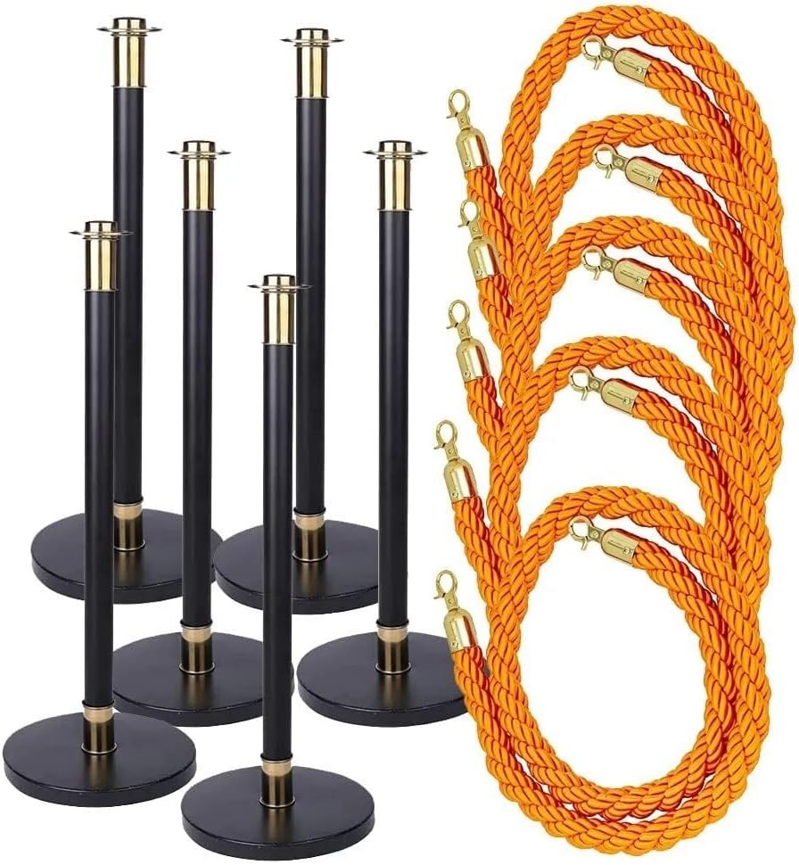 Stainless Steel Stanchion Posts Queue W/Colored Polyester Woven Rope 38In Barriers Line Crowd Control for Party Supplies,Orange Rope-6 PCS Set/5 Rope