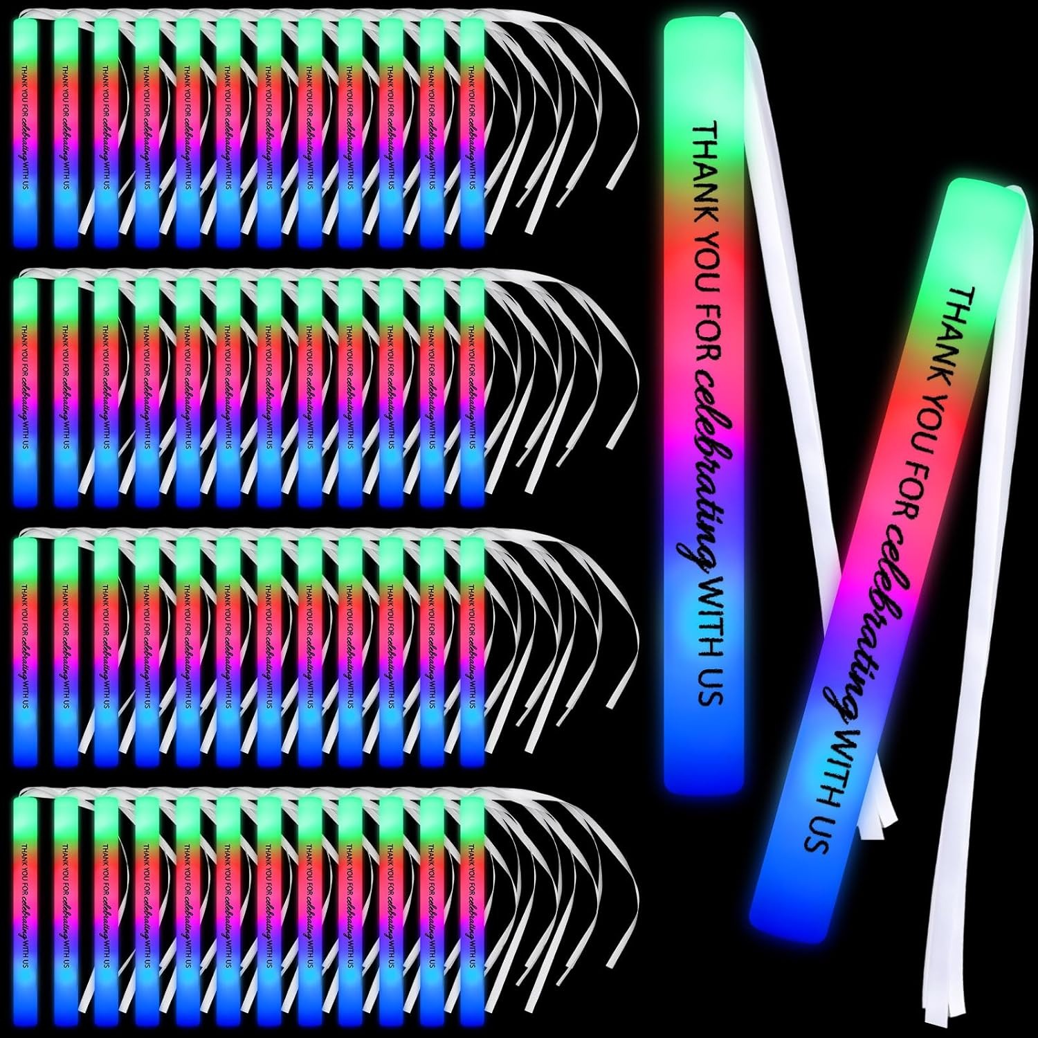 JellyArch 50 Pack Wedding Glow Sticks for Reception LED Foam Light up Sticks with Ribbon Light Stick Bulk with 3 Modes Colorful Flashing for Wedding Send off Party Favors, Dance Floor, Birthday
