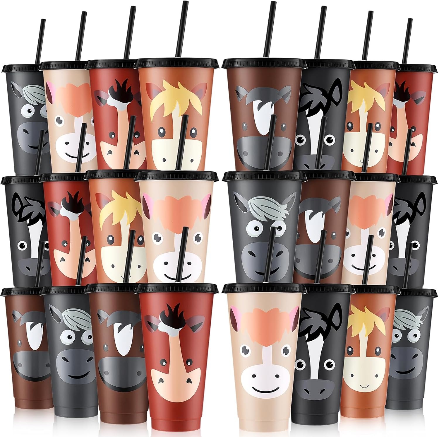 Mifoci 24 Pcs Horse Party Favors 24 oz Horse Cups with Lid Straw Cowboy Cups Bulk Horses Birthday Decorations Reusable Plastic Drink Tumbler for Birthday Gifts Racing Theme Animal Spring Party Supply