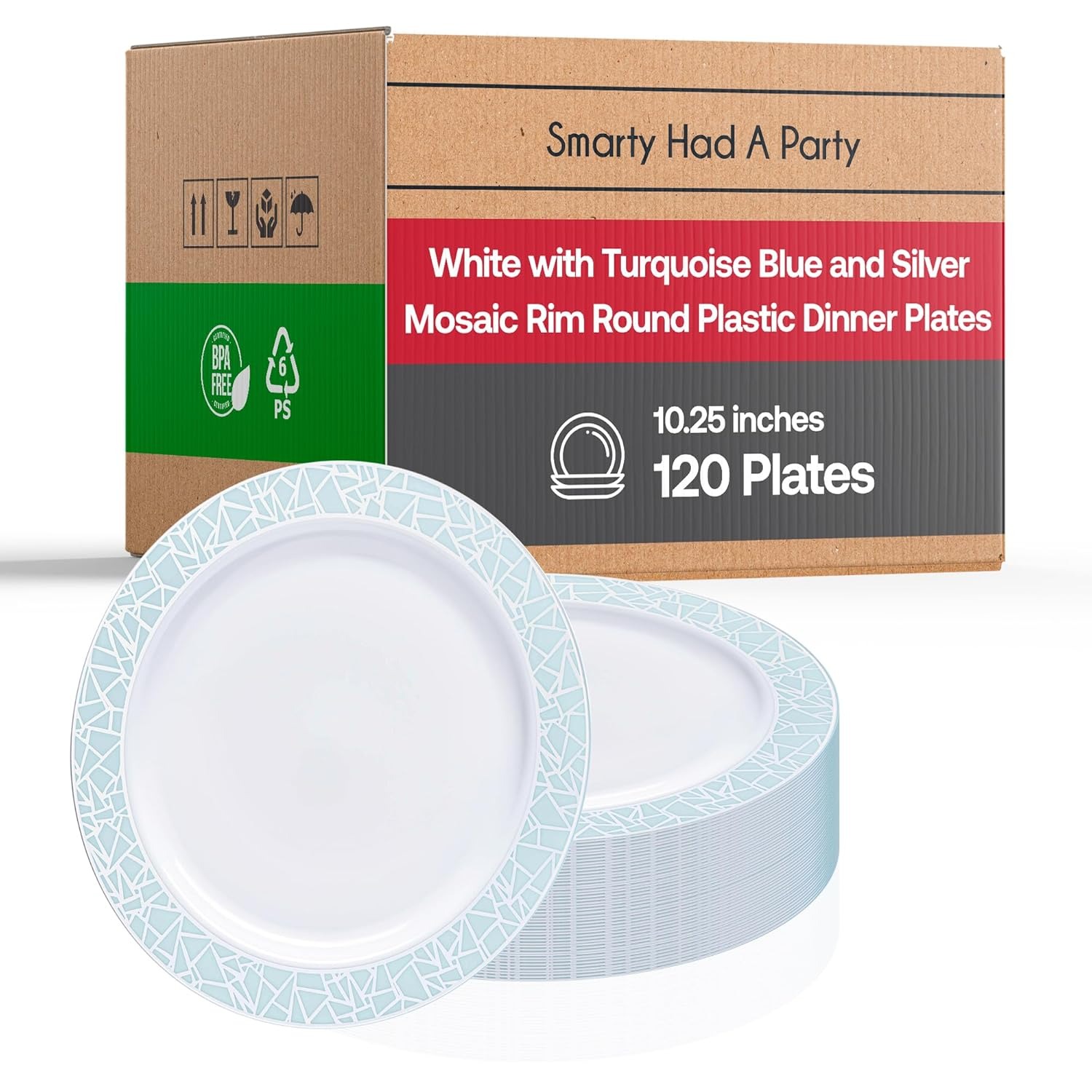10.25IN White W/Turquoise Blue and Silver Mosaic Rim Round Plastic Dinner Plates 120 PL