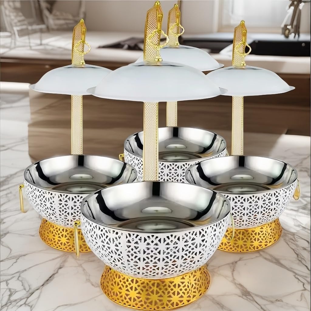 4 Pack White Chafing Dishes for Buffet - 8qt Capacity Catering Supplies Buffet Display with Stand Hook for Lid Hanging - Ideal Food Heater Tray for Parties, Buffet Servers and Warmers Sets