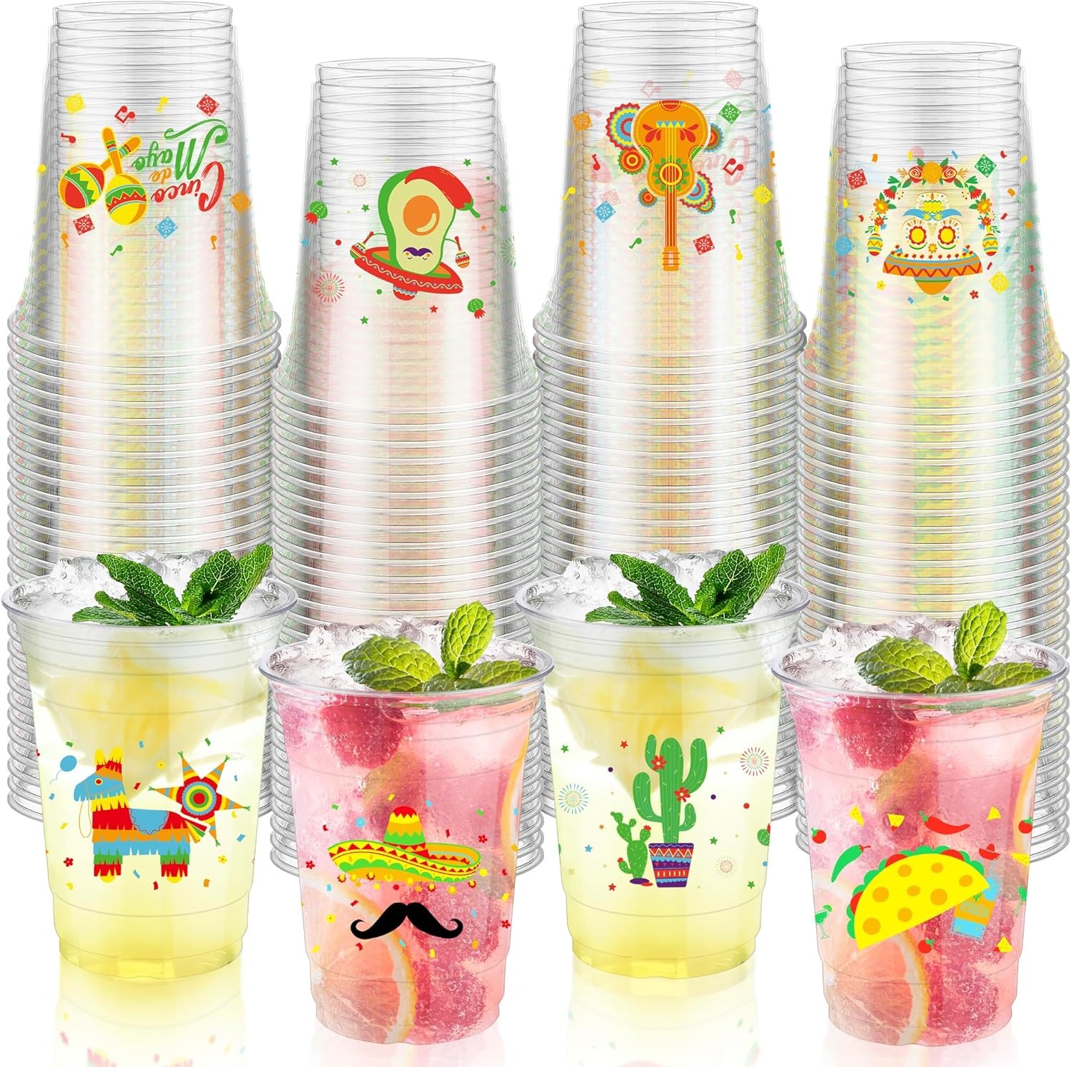 Kochorie 120 Pieces 16 oz Mexican Fiesta Plastic Cups Clear Disposable Cups with Double-sided Different Patterns Cinco De Mayo Drinkware Party Supplies Fiesta Taco Birthday Decorations, 4 Styles