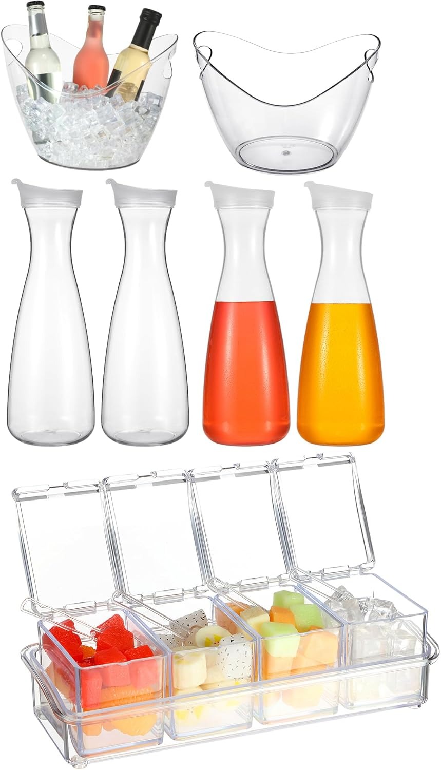 Funnymoom 7 Pcs Summer Party Supplies Including 2 Pcs Acrylic Ice Buckets 4 Pcs 47 oz Plastic Water Carafes with Lid 1 Pcs Clear Seasoning Box with Lid and Spoon for Summer Chilled Pool Party Serving