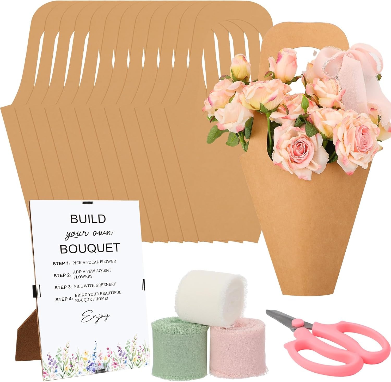 Tinlade 35 Pcs Flower Bar Kit Include Bouquet Wrapping Gift Bags with Handle Flower Bar Stand Scissors and Chiffon Ribbons for Wedding Bridal Baby Shower Birthday Party Favors Supplies Craft