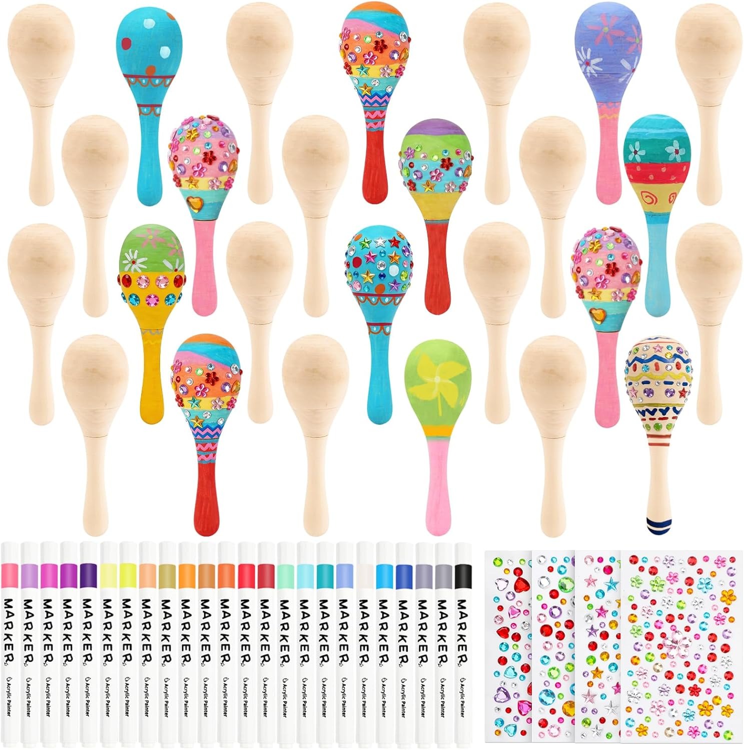 60 PCS Mini Wooden Maracas for Kids, Unfinished DIY Maracas with Multicolor Pens and Gem Stickers for Mexican Fiesta Cinco De Mayo Painting Shakers Baby Musical Toys Birthday Party Favor Supplies