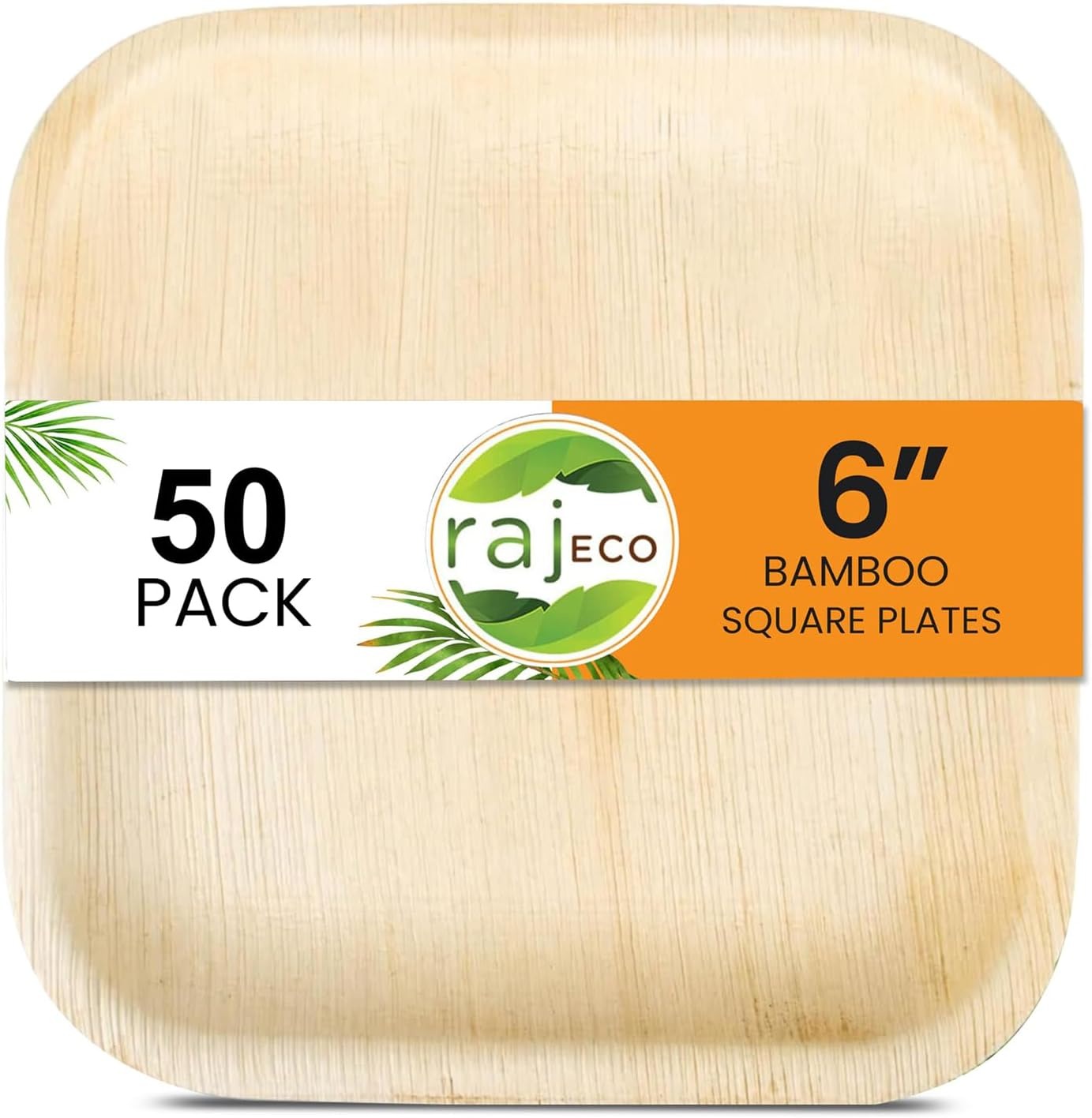 Raj Eco Compostable Palm Leaf Plates Like Bamboo Plates Disposable - 6 Inch Square 50 Party Plate, Natural Wooden, Eco-Friendly, Fancy Biodegradable & Disposable Dessert Appetizer Plate | Strong palm leaf plates like Bamboo plates for weddings
