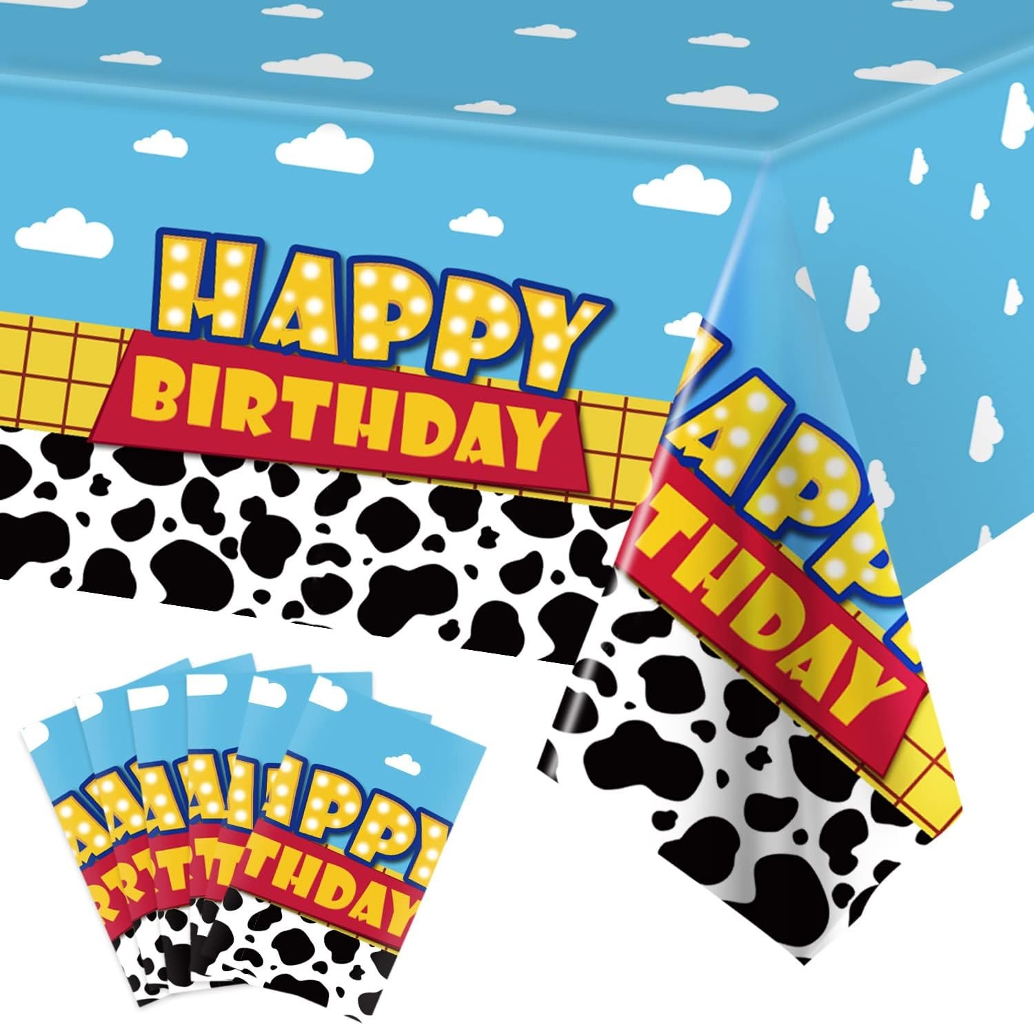 Ragnhild 6 Pack Cow Print Birthday Party Supplies Cow Pattern Printed Table Cover Blue Sky and White Cloud Tablecloths Birthday Party Decoration for Boy Girl Kid Birthday Party Decor 54 x 108 inch