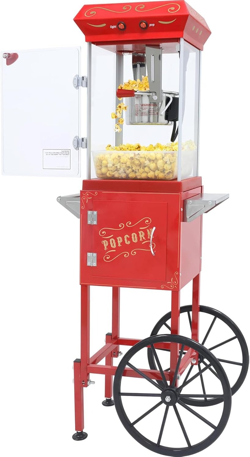 Popcorn Machine with 9OZ Kettle - Stainless Steel Pop Corn Cooker, Pop Corn Maker with Retro Vintage Cart & Wagon Wheels, Concession Equipment for Home Parties, Movie-theater, Christmas - Red