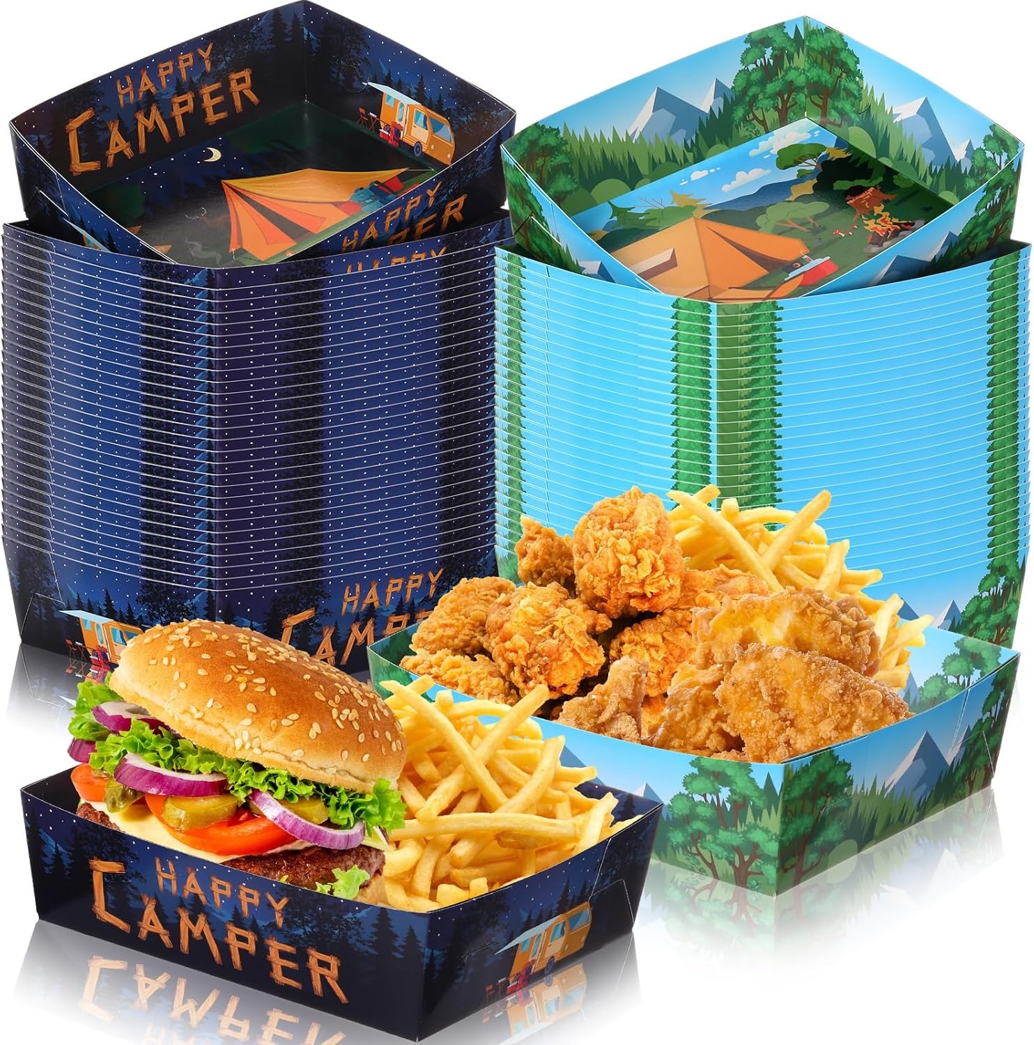 Ziliny 60 Pcs Camping Party Supplies 5 lbs Camping Adventure Nacho Boats Large Paper Serving Trays for Burger Fries Hot Dog Taco BBQ Popcorn Campfire Hiking Camper Theme Forest Nature Hiking Party