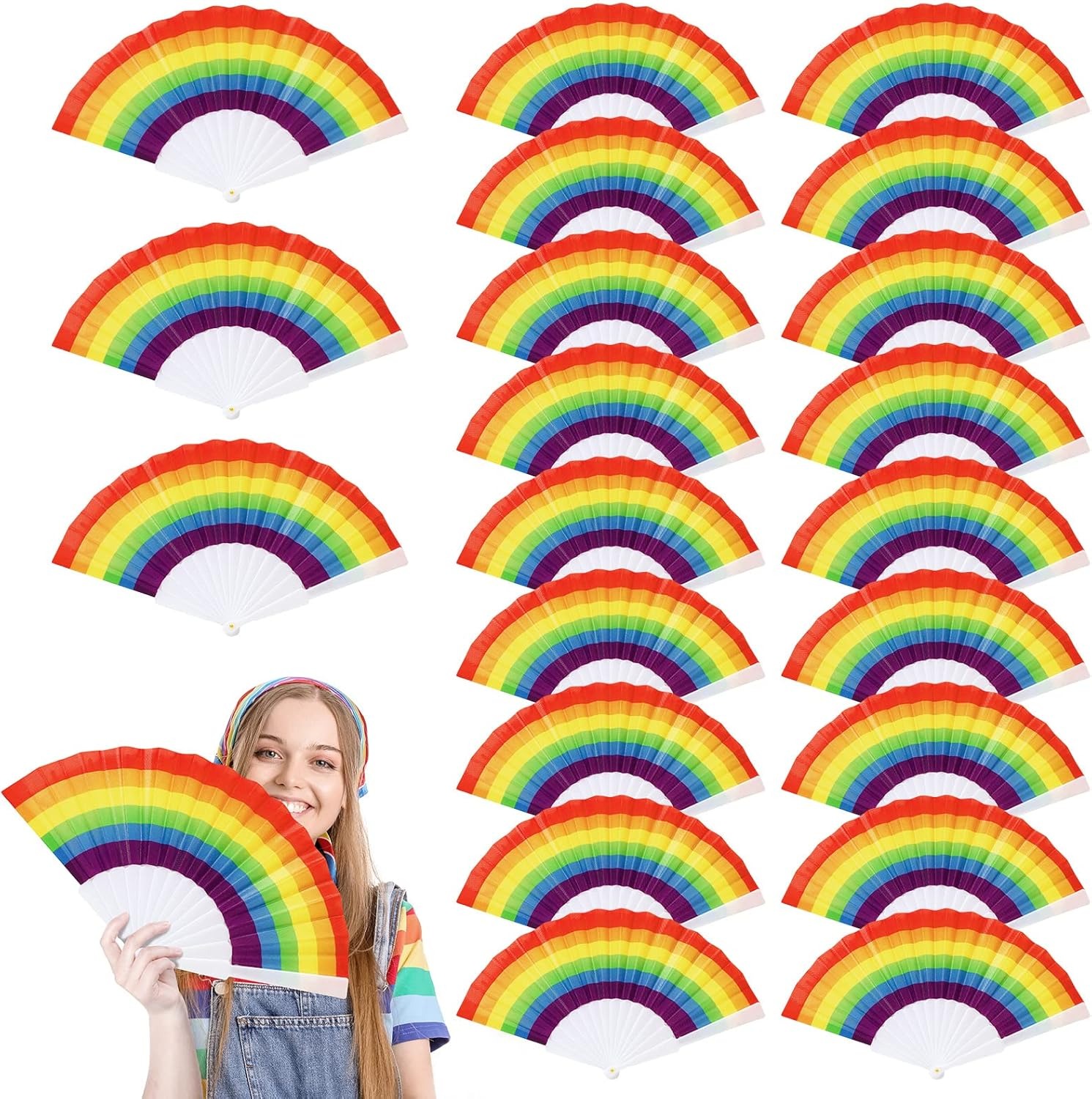 Panelee 100 Pcs Rainbow Hand Fans Bulk Portable Folding Pride Handheld Fans Plastic Colorful Rainbow Decorative for Women Men Gay Party Supplies Music Festival Dance Events