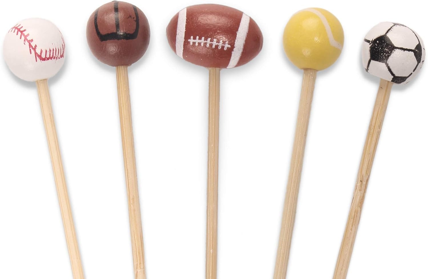 BambooMN 5.9" Decorative Sports Ball End Bamboo Cocktail Fruit Sandwich Picks Skewers for Catered Events, Holiday's, Restaurants or Buffets Party Supplies, Assorted, 1,000 pcs
