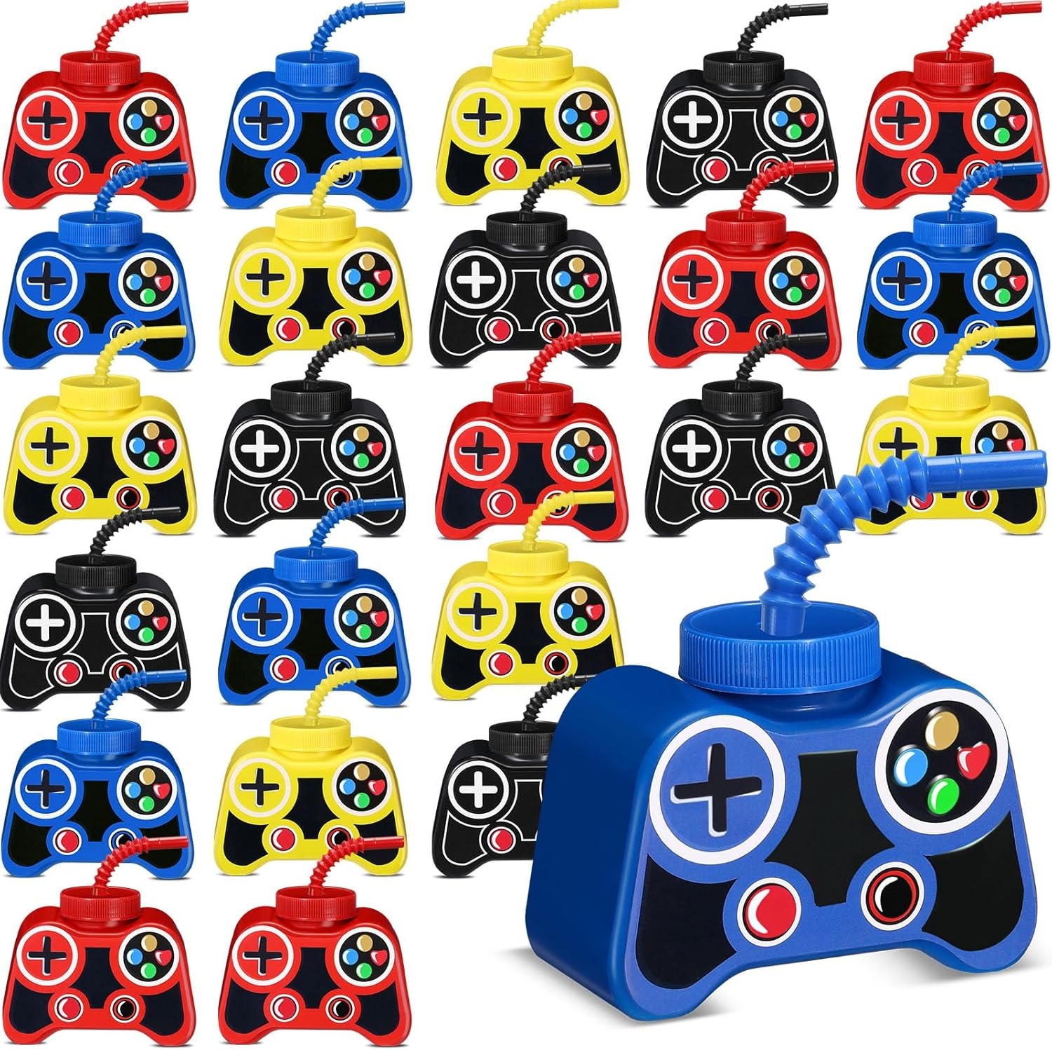 Mifoci 24 Pcs Plastic Video Game Party Cups with Straw and Lid 10oz Gamer Birthday Themed Drink Cups 7th Video Game Party Favors for Kids Toddlers Gamer Birthday Supplies (Classic Color)