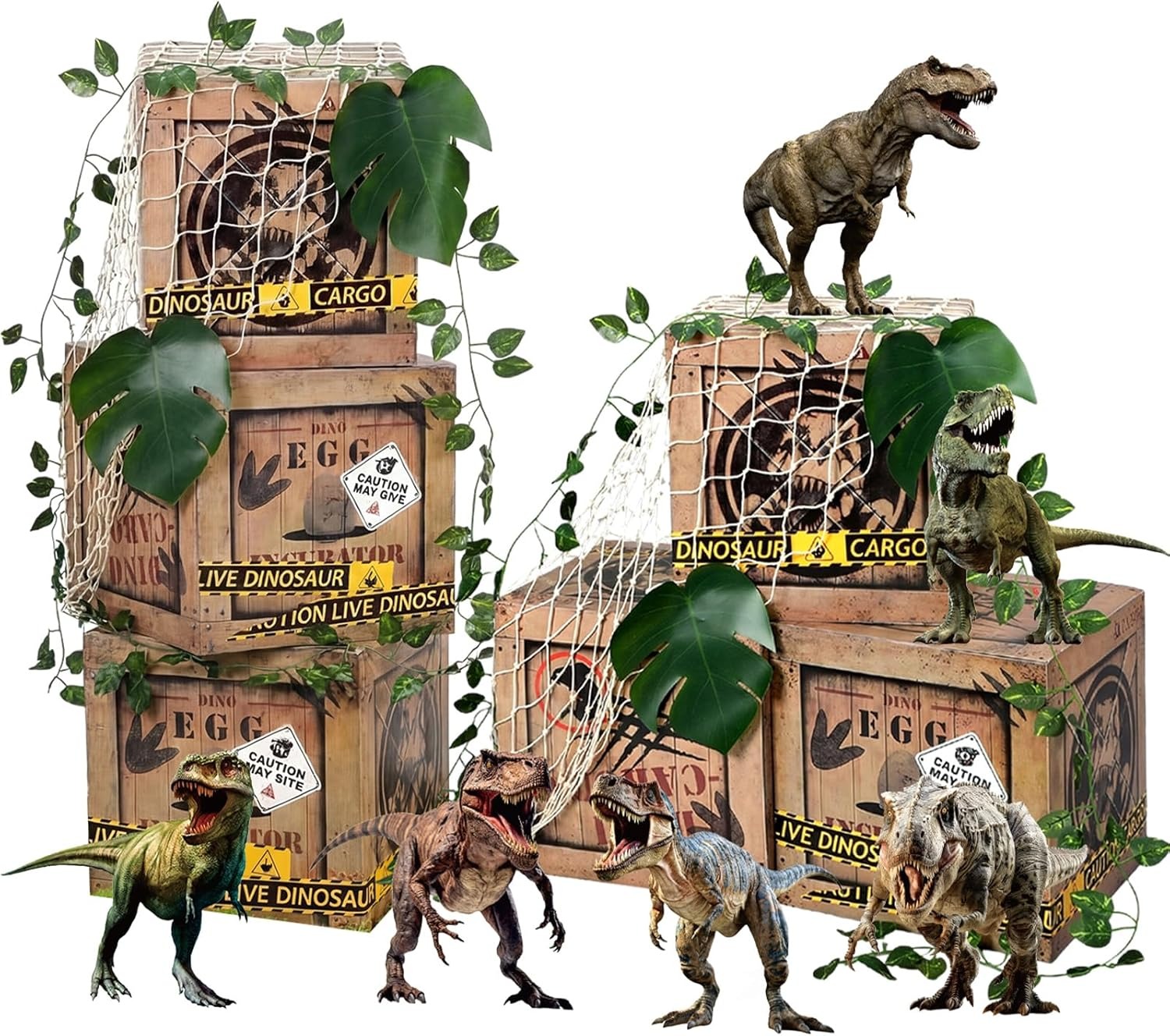 21 Pcs Dinosaur Party Decorations 12 x 12 x 12 Inch Dinosaur Theme Boxes Dino Table Centerpieces Dino Cardboard Palm Leaf Artificial Rattan Net for Birthday Party Supplies Decor