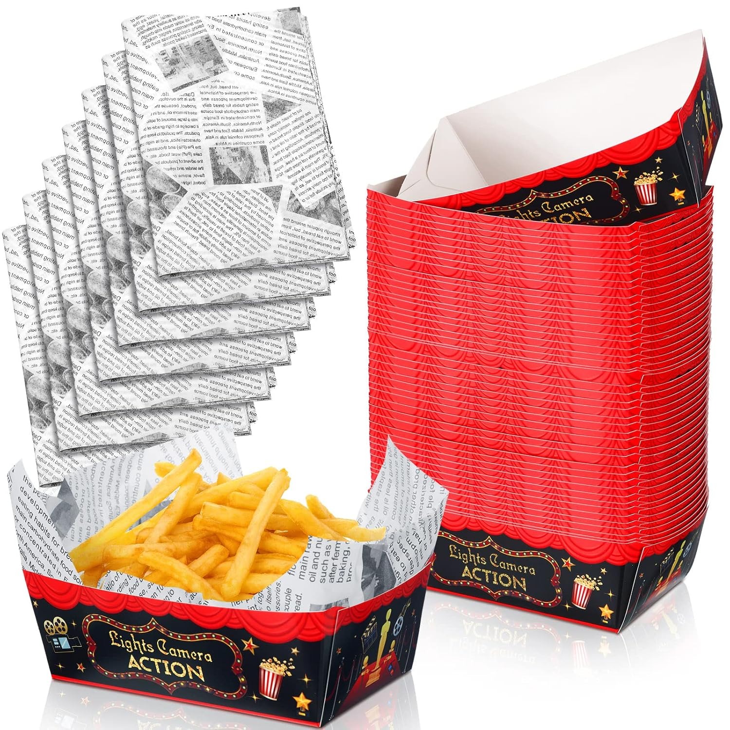 Funrous 100 Pcs Movie Night Party Supplies Carnival 1.1 lb 50 Movie Paper Food Tray Party Bowl with 50 Waxed Deli Paper for Movie Decorations Movie Serving Tray Snack Popcorn Holder Assembled