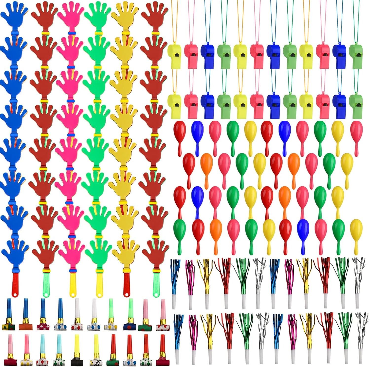 156 Pcs Noise Makers Party Favors Include Hand Clappers Mini Maracas Party Blower Neon Whistle Necklace Glitter Metallic Fringed Noisemaker for Sporting Events Mexican Fiesta Birthday Cheer Supplies