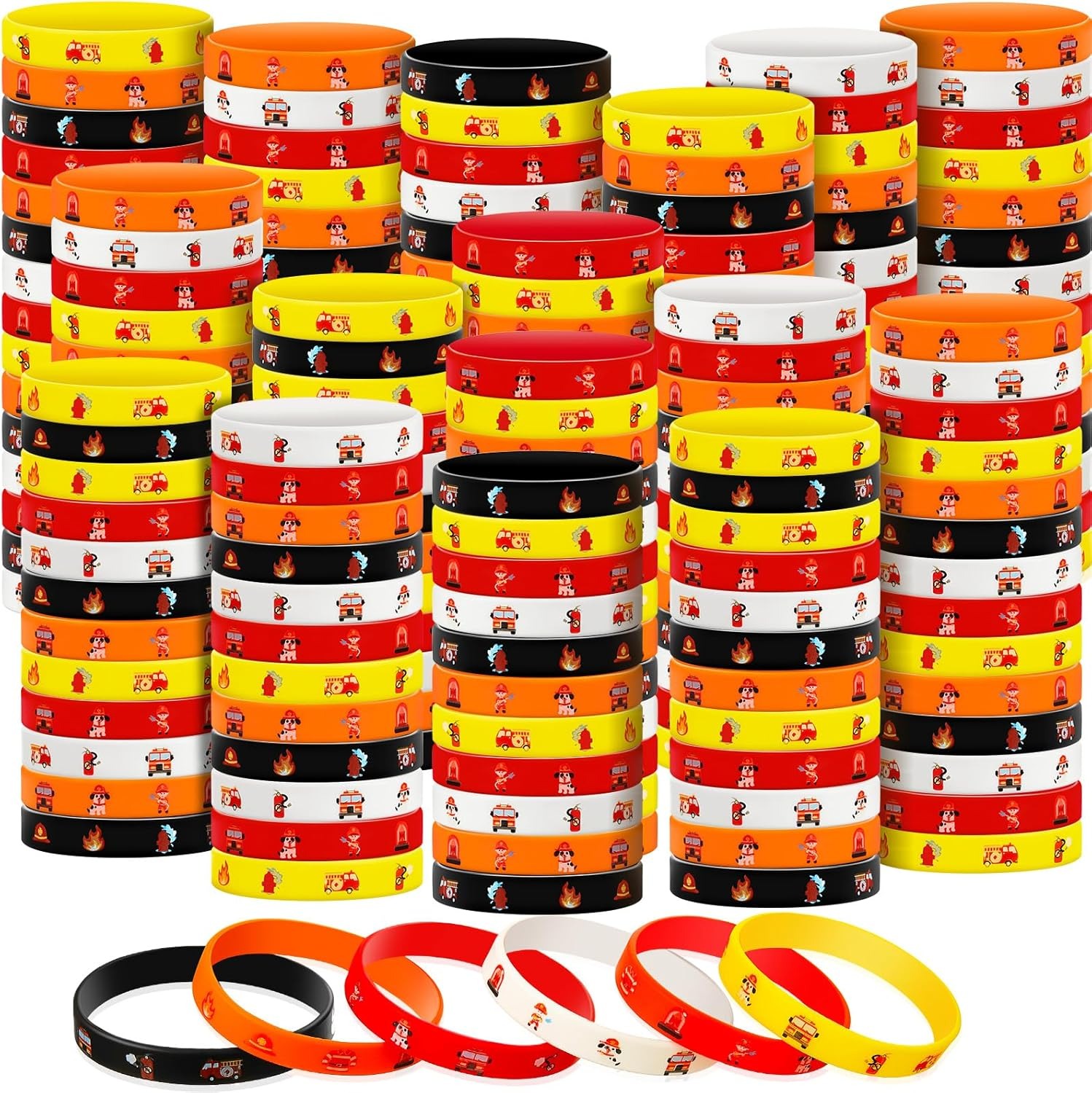 Zhanmai 200 Pcs Fire Truck Bracelets Rubber Firefighter Wristbands Firefighter Party Silicone Wrist Bands for Birthday Party Supplies Decorations Firemen Family Favors, 5 Colors