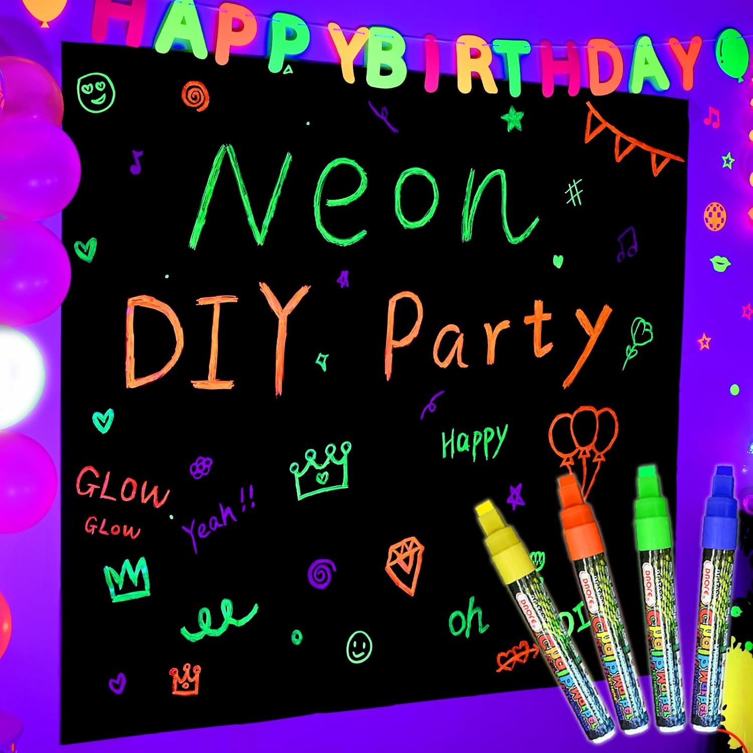 Mega-L Glow in The Dark Party Supplies, Neon DIY Party Decorations with 4 Fluorescent Colored pens, Glow Party Photography Background Birthday Graffiti Black Light Photo Booth (5.2x5.9 feet)