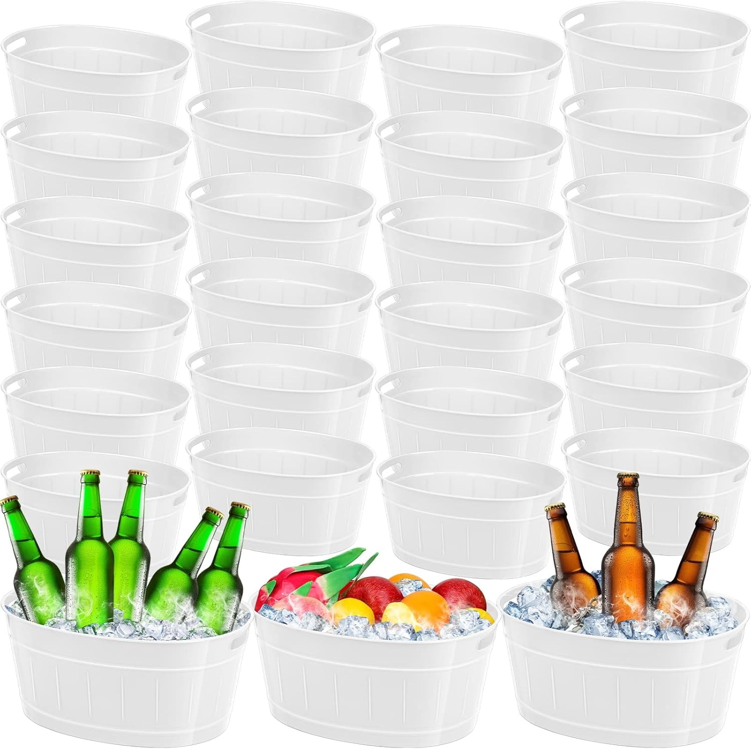 Didaey Ice Buckets for Parties, 4.5 Liter Plastic Oval Beverage Tub with Handles Large Drink Bucket Bulk for Champagne Beer Wine Cocktails Cooler Christmas Party Supplies (White, 24 Pcs)