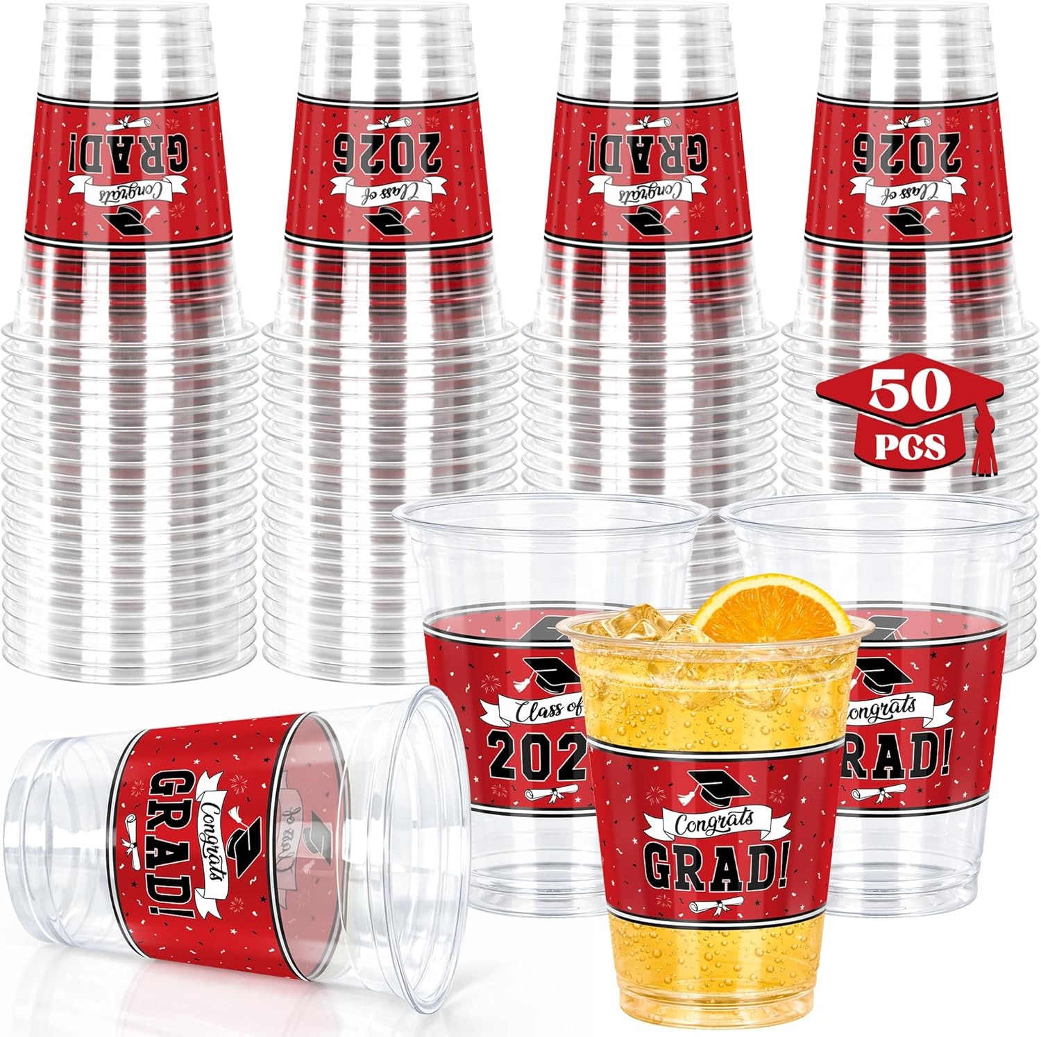 QZYL 50 PCS 2026 Graduation Cups, 14 OZ Red Graduation Supplies, Disposable Plastic Cup Bulk for Class of 2026 Congrats Grad, Grad Party Favors Tableware for Hot Cold Drinks High School College