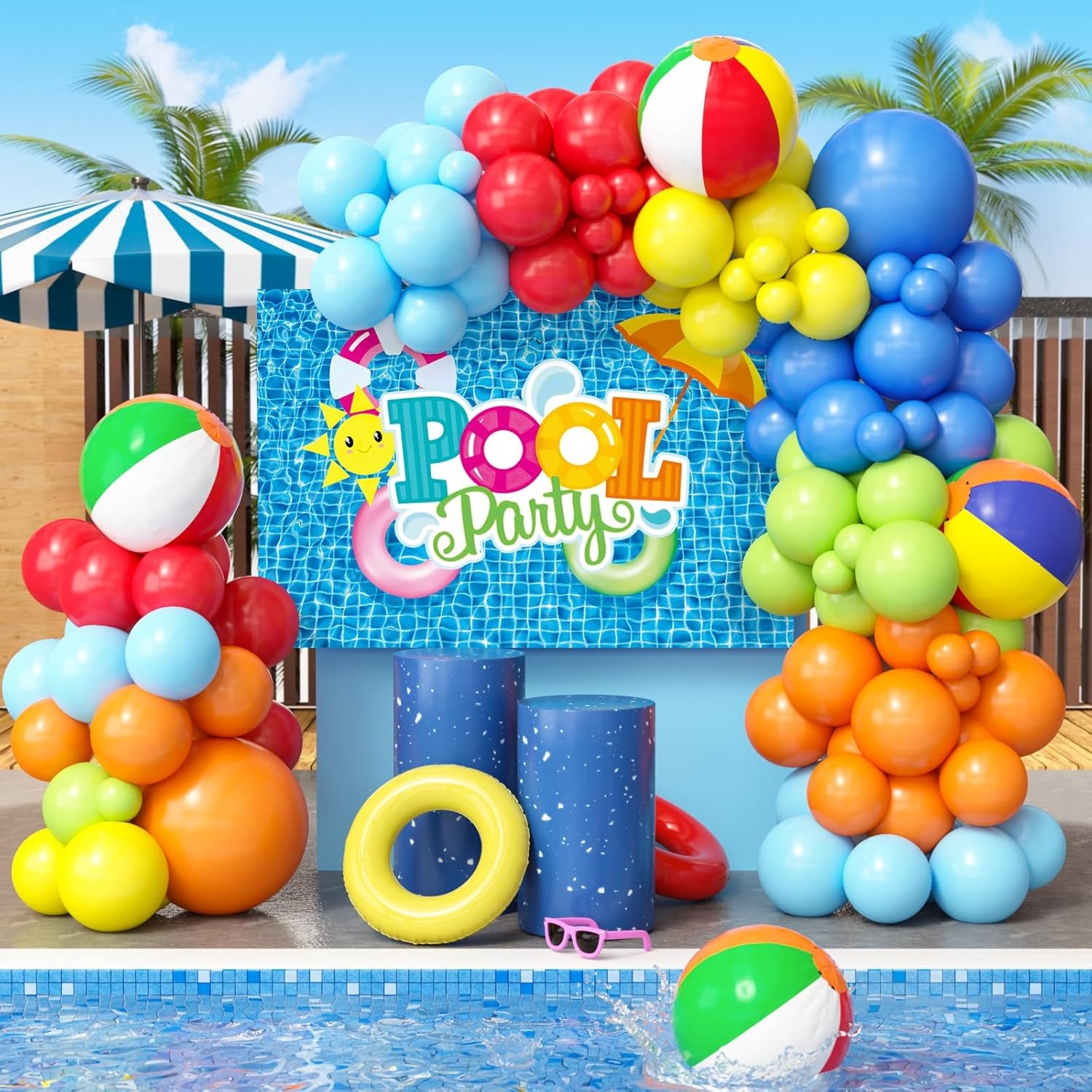 SNLN 129Pcs Pool Party Decorations Birthday Supplies, Outdoor Pool Summer Theme Balloon Garland Arch Kit Backdrop Beach Ball Tropical Luau Hawaii Holiday Swimming Outdoor Pool Decor Party Supplies