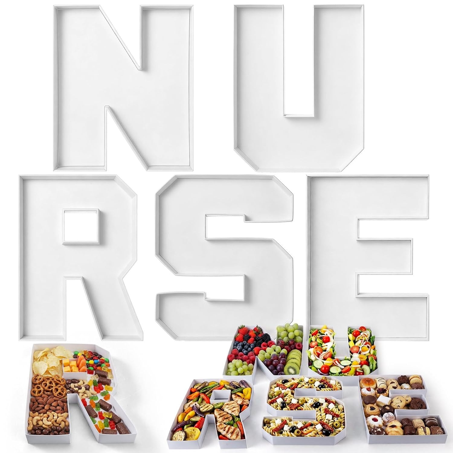 5 Pcs Nurse Letter Fillable Tray Cardboard Letter Trays Nursing Party Supply Decoration for Food Chocolate Candy Cake Dinner Dessert Plates for Nurses Week Nurse Graduation Party Decorations