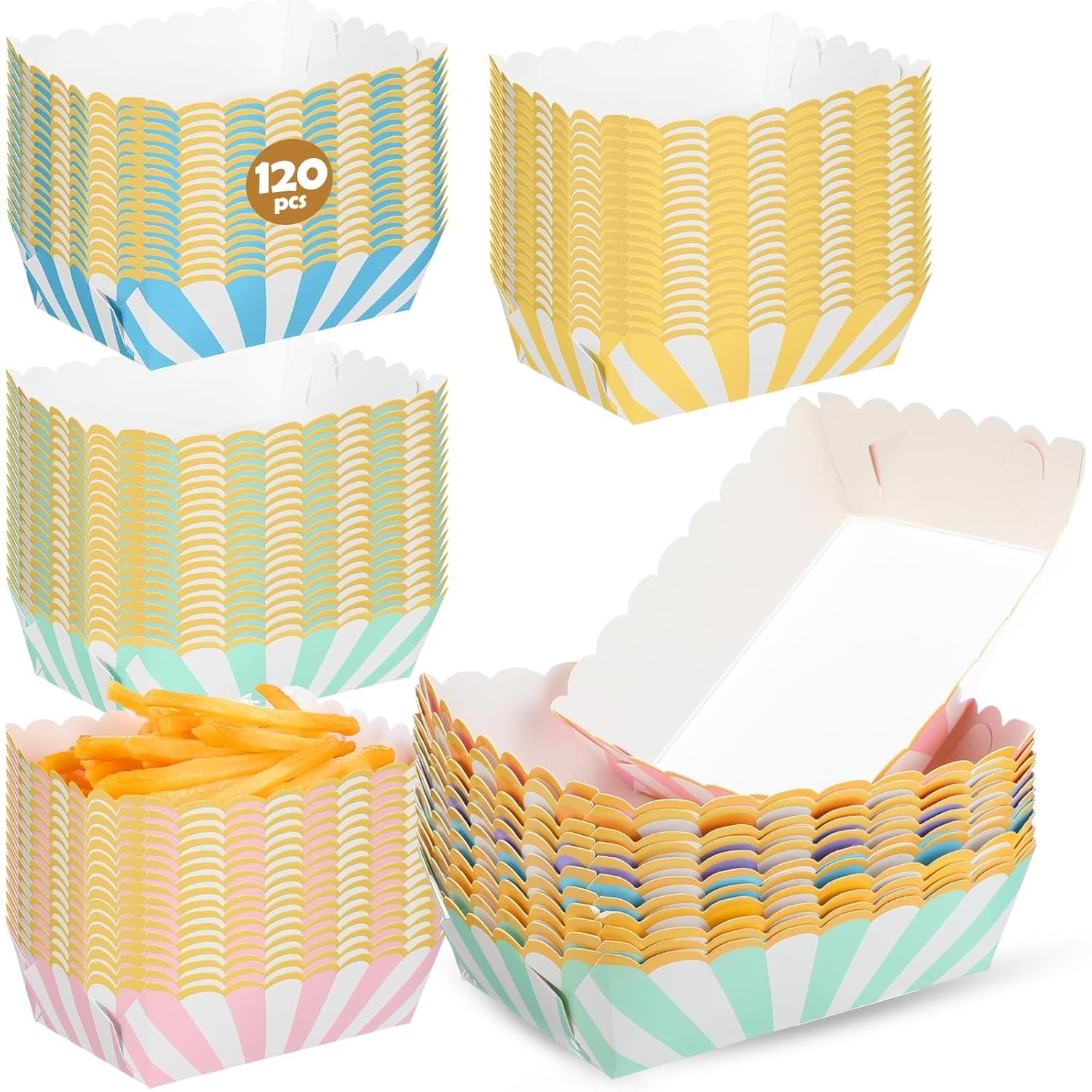 Dunzoom 120 Pcs Pastel Paper Plates Food Tray Striped Pastel Circus Party Decoration Colorful Scalloped Carnival Disposable Food Boat Kraft Snack Popcorn Box for Birthday Picnic Supply (Candy Color)