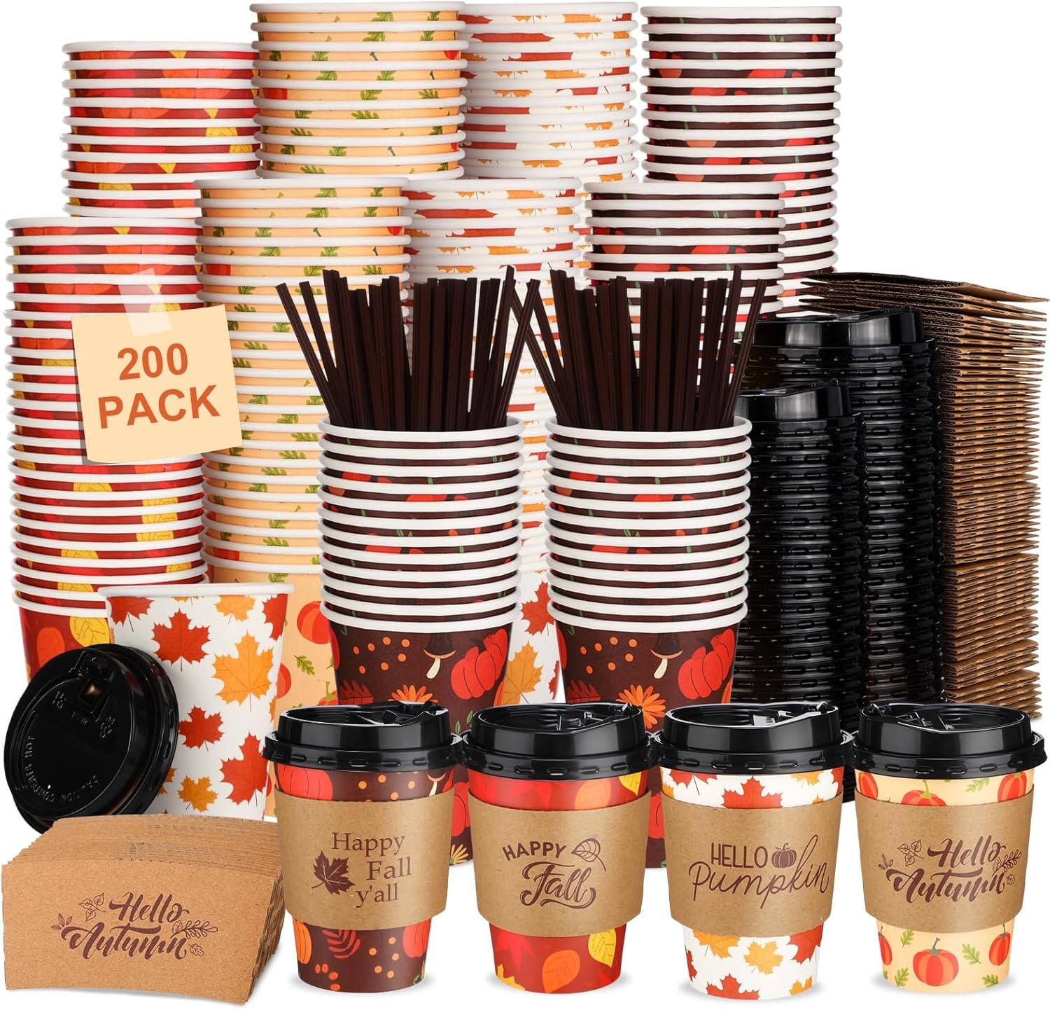 Jingmore 200 Pack 12 oz Fall Disposable Coffee Cups with Lids Sleeves Sticks Autumn Pumpkin Orange Fall Paper Coffee Cups for Drinking Thanksgiving Party Supplies Water Juice Home Restaurant Store