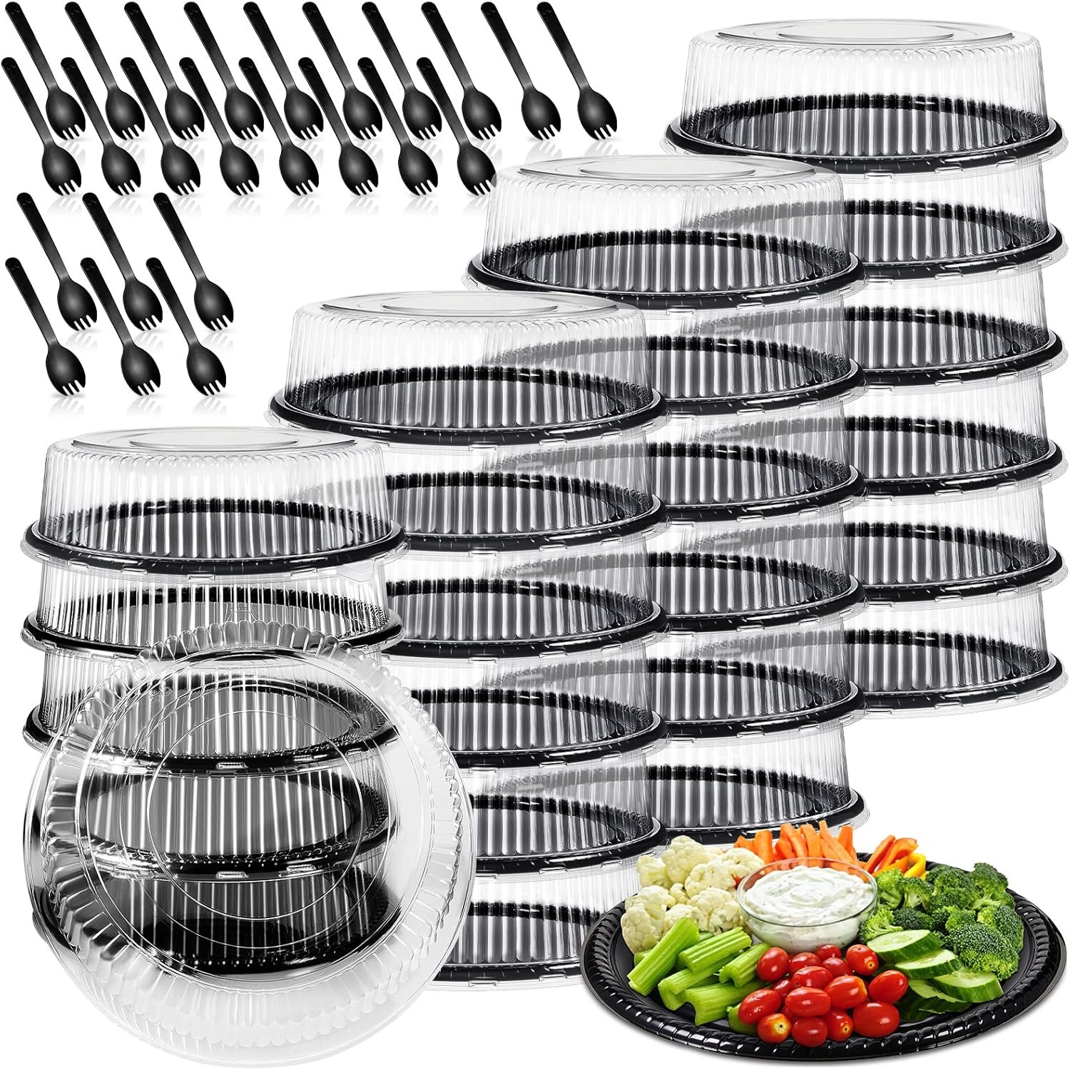 Tessco for you 24 Pack Heavy Duty Serving Tray with Clear Lid and Sporks Large Disposable Plastic Catering Tray Round Black Platter for Fruit Sandwich Party Takeout Food Picnic Supply (12 Inch)