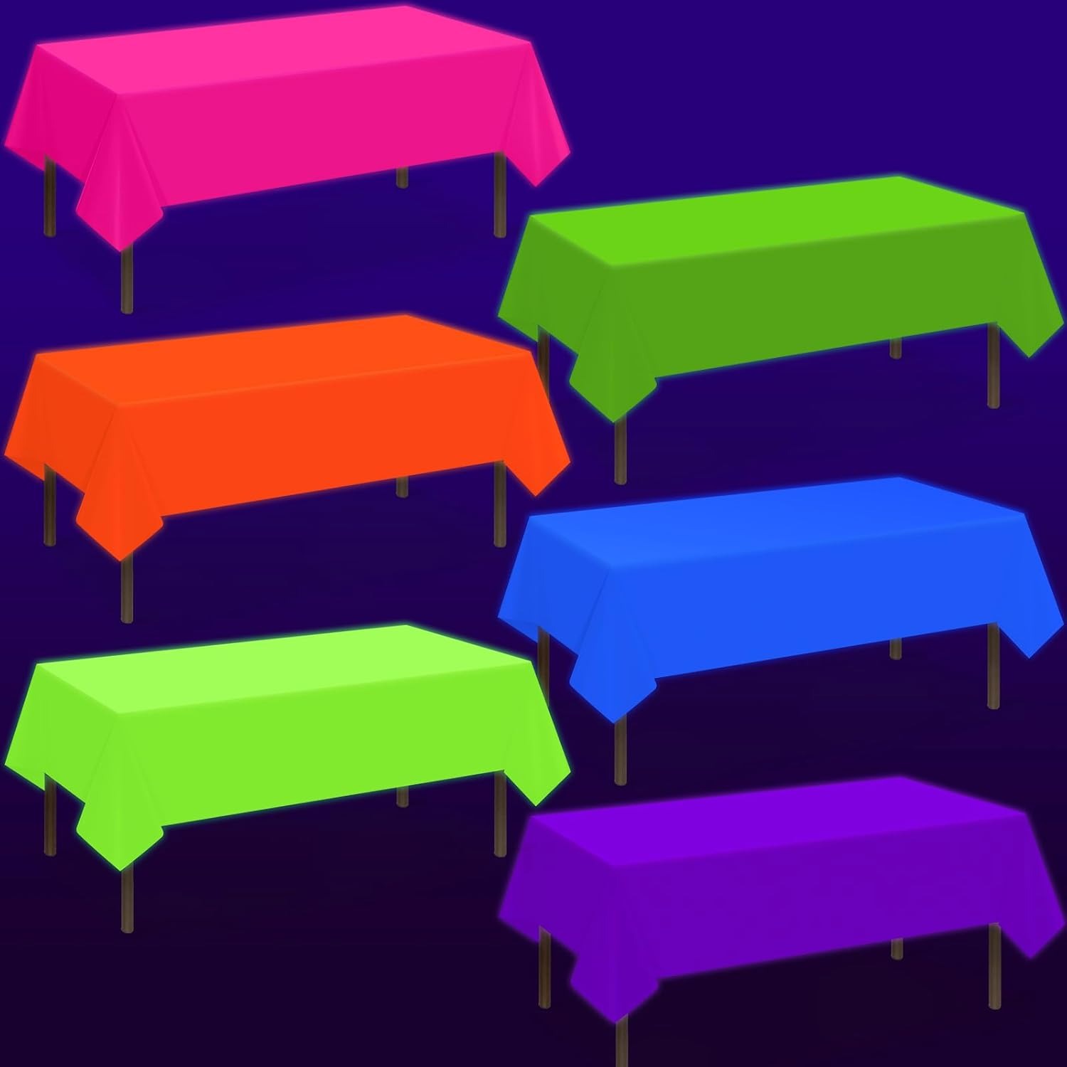 6 Pack Neon Table Cloths Party Decorations, Pink Orange Yellow Green Blue Purple Glow in The Dark Plastic Tablecloth, Disposable Rainbow Table Cover for Glow in Dark Neon Party Supplies Decorations