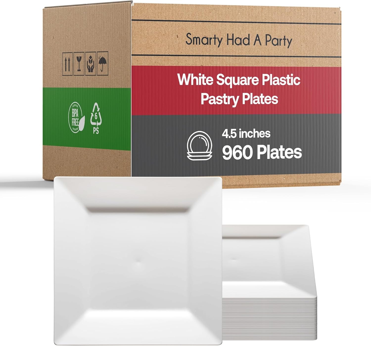Smarty Had A Party 960 Disposable Plastic Plates Heavy Duty White Square Pastry Plates 4.5" Bulk Party Supplies For All Occasions