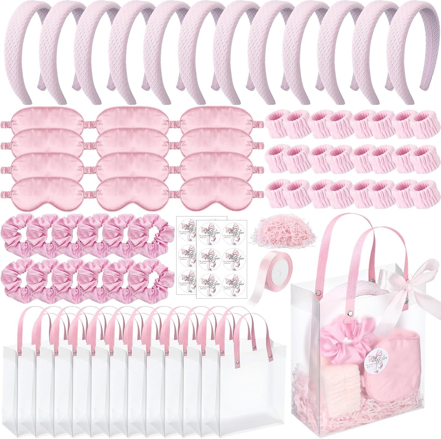 Suncalla 76 Pcs Spa Sleepover Party Supplies 12 Pink Sponge Headbands, 24 Wristbands, 12 Eye Mask, 12 Ribbon Scrunchies, 12 Transparent Bag, 2 Thank You Stickers, Pink Ribbon, Raffia for Women Pajama
