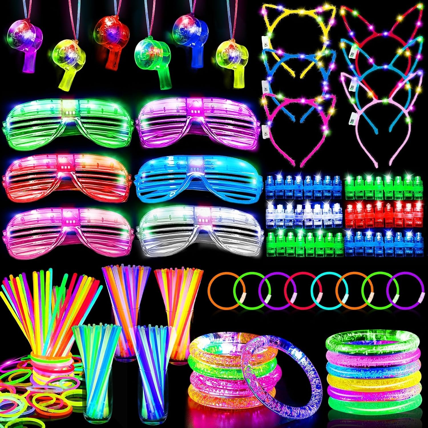 178 Pcs Glow In The Dark New Years Eve Party Supplies 2026 Decorations with 6 Led Glasses 6 Light Up Headbands 12 Flashing Bracelets 6 Noise Makers Necklaces 100 Glow Sticks Party Favors for New Years