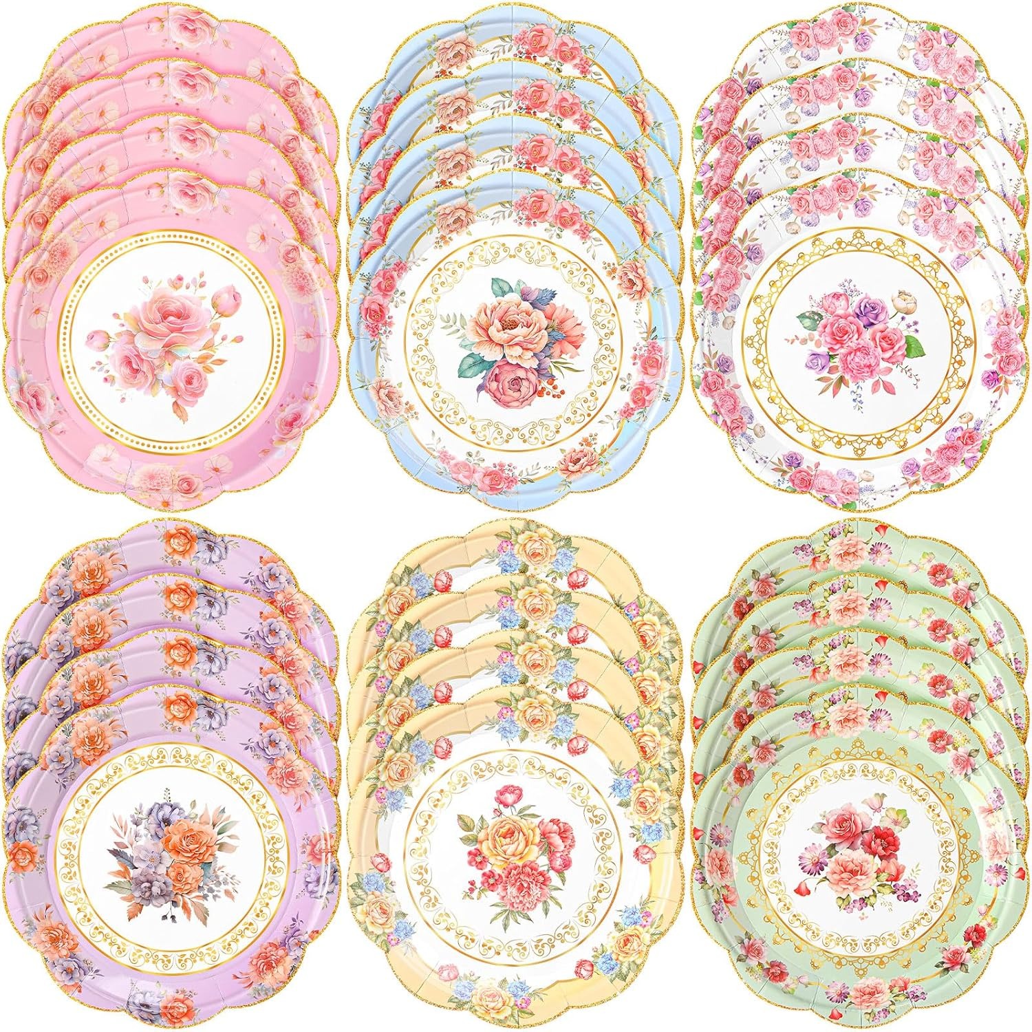 Zhehao 48 Pcs 7 Inch Vintage Floral Flower Decorative Plates Bulk Tea Party Watercolor Disposable Dessert Scalloped Paper Plates for Birthday Wedding Baby Shower Bloom Decoration Supplies, 6 Styles