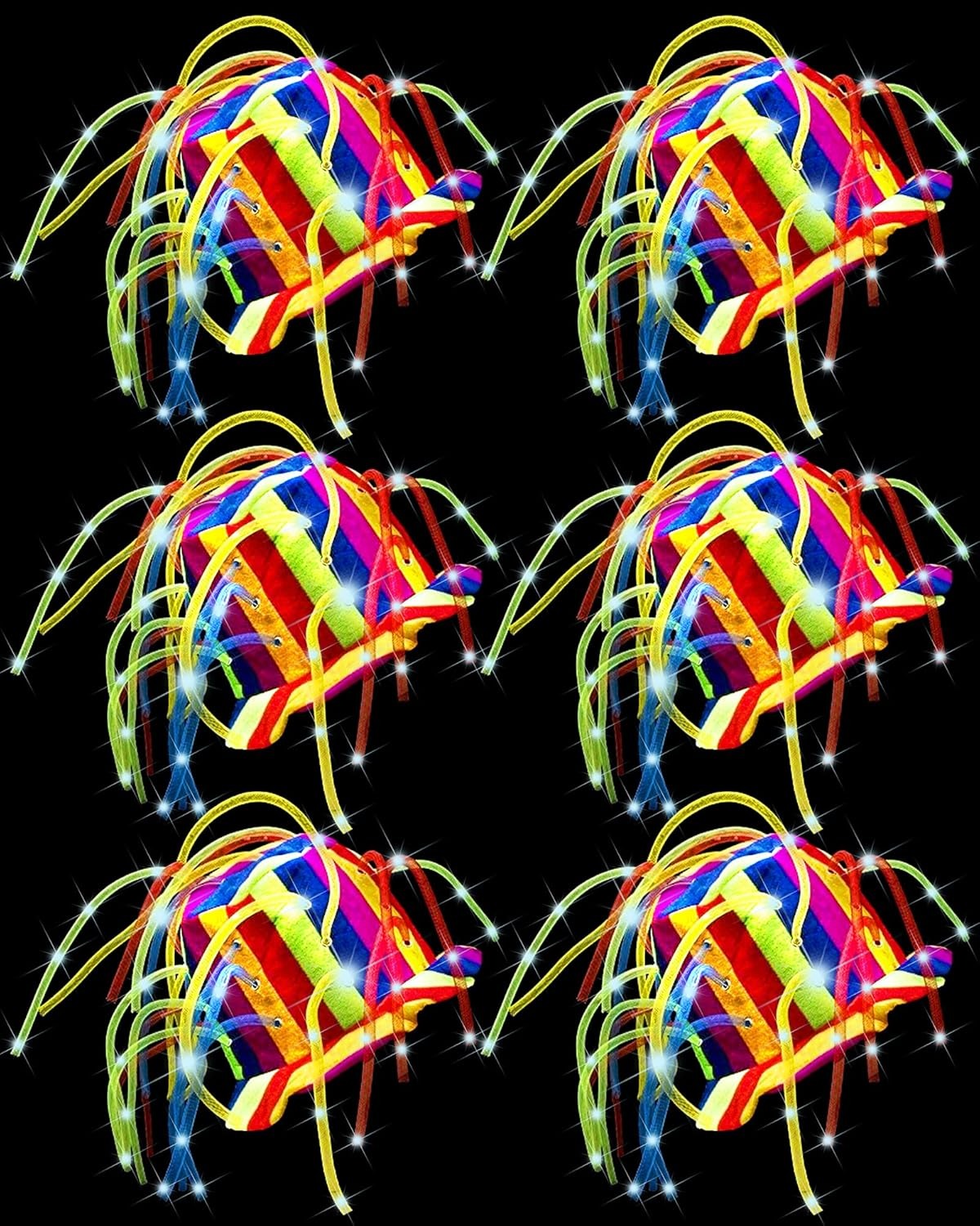 Wesiti 6 Pcs LED Funny Clown Crazy Hat Light up Jester Glow in Dark Crazy Hat Mardi Gras Noodle Hair for Adults Party Cosplay Costume Decor Supplies