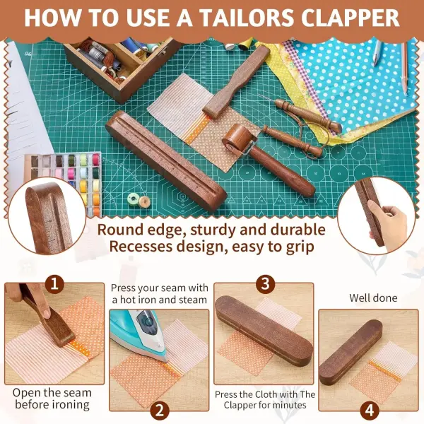 AceOrbit 5 Pcs Wooden Clapper Sewing Quilting Tool Set Include Tailors Clapper Pressing Stick Quilting Seam Roller Seam Ripper Stiletto Pressing Tool for Sewing Fabric Folds Accenting Clothing Wrinkle