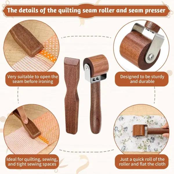 AceOrbit 5 Pcs Wooden Clapper Sewing Quilting Tool Set Include Tailors Clapper Pressing Stick Quilting Seam Roller Seam Ripper Stiletto Pressing Tool for Sewing Fabric Folds Accenting Clothing Wrinkle