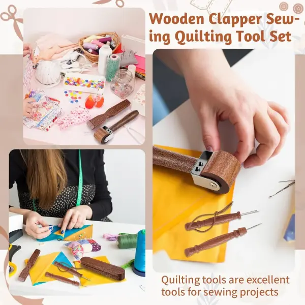 AceOrbit 5 Pcs Wooden Clapper Sewing Quilting Tool Set Include Tailors Clapper Pressing Stick Quilting Seam Roller Seam Ripper Stiletto Pressing Tool for Sewing Fabric Folds Accenting Clothing Wrinkle