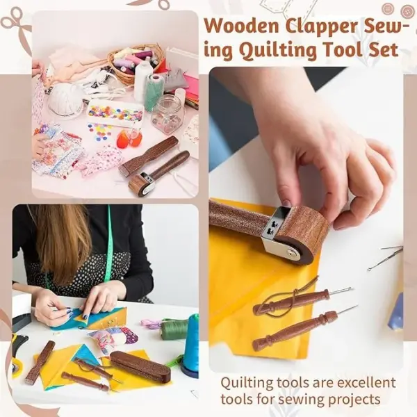 AceOrbit 5 Pcs Wooden Clapper Sewing Quilting Tool Set Include Tailors Clapper Pressing Stick Quilting Seam Roller Seam Ripper Stiletto Pressing Tool for Sewing Fabric Folds Accenting Clothing Wrinkle