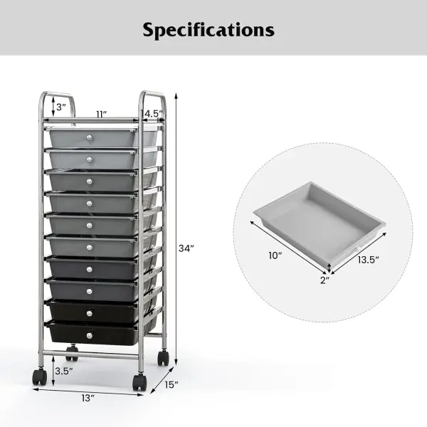 10 Drawer Rolling Storage Cart, Organization Cart with Drawers for Craft Makeup Paper Tool Art Supply, Versatile Utility Cart on Wheels for Home Office Classroom School (Gradient Gray)