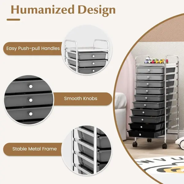 10 Drawer Rolling Storage Cart, Organization Cart with Drawers for Craft Makeup Paper Tool Art Supply, Versatile Utility Cart on Wheels for Home Office Classroom School (Gradient Gray)