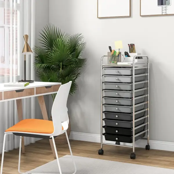 10 Drawer Rolling Storage Cart, Organization Cart with Drawers for Craft Makeup Paper Tool Art Supply, Versatile Utility Cart on Wheels for Home Office Classroom School (Gradient Gray)