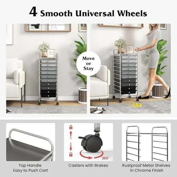 10 Drawer Rolling Storage Cart, Organization Cart with Drawers for Craft Makeup Paper Tool Art Supply, Versatile Utility Cart on Wheels for Home Office Classroom School (Gradient Gray)