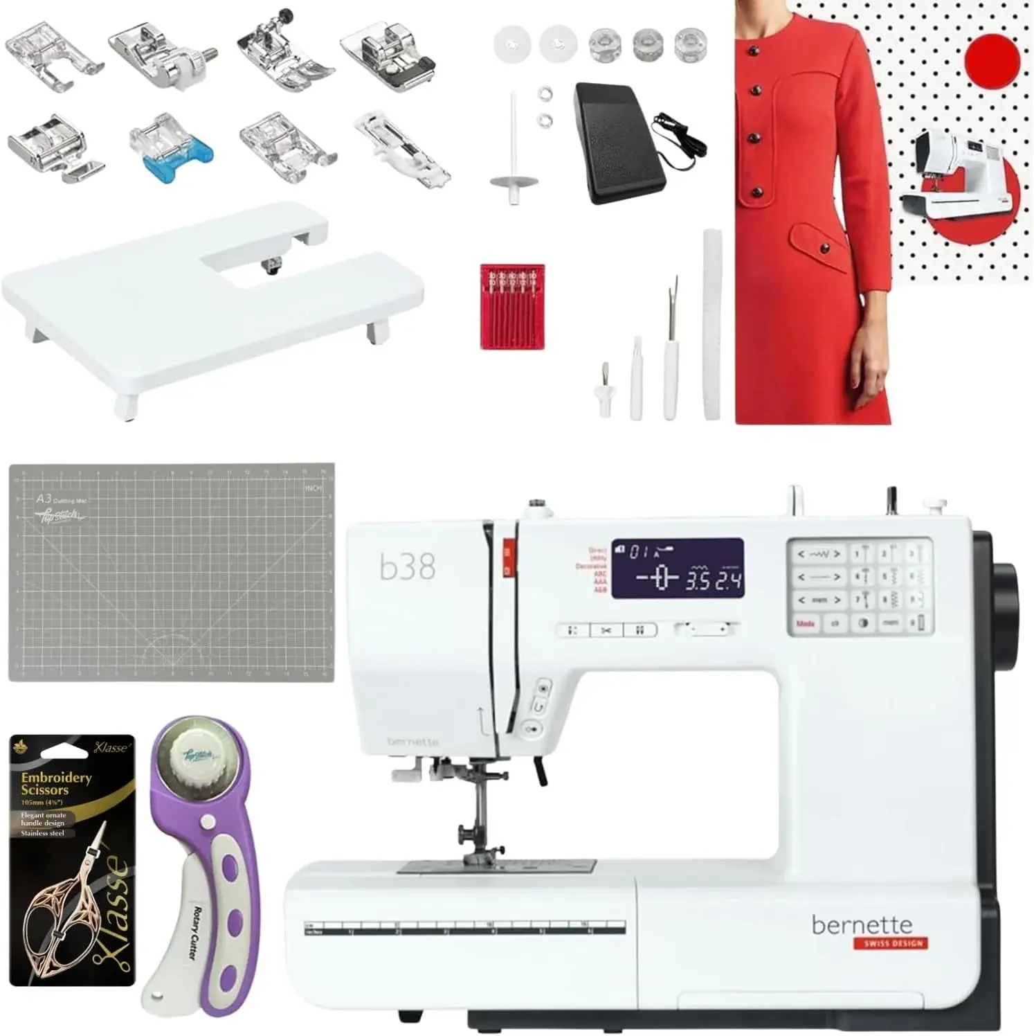 Bernette B38 Computerized Sewing Machine with LCD Display | 394 Stitch Patterns, Auto Needle Threader, LED Light, Extension Table | Presser Feet, Bobbins, Needles, Knee Lifter, Rotary Cutter & More