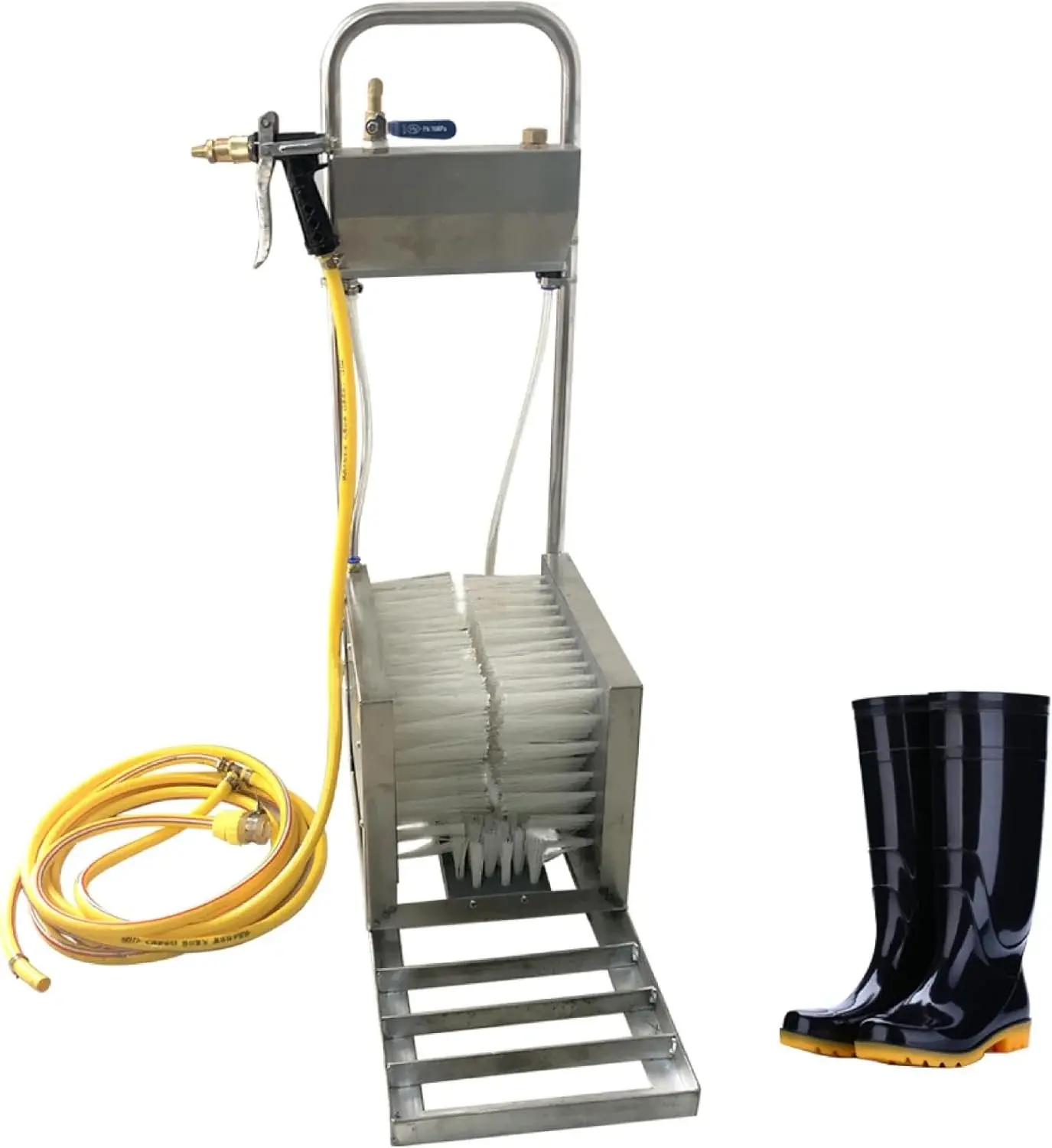 Farm Boot Scrubber & Cleaner, Stainless Steel Shoe Brush with Water Spray Gun, Heavy-Duty Footwear Cleaner for Farms, Ranches, and Construction Sites
