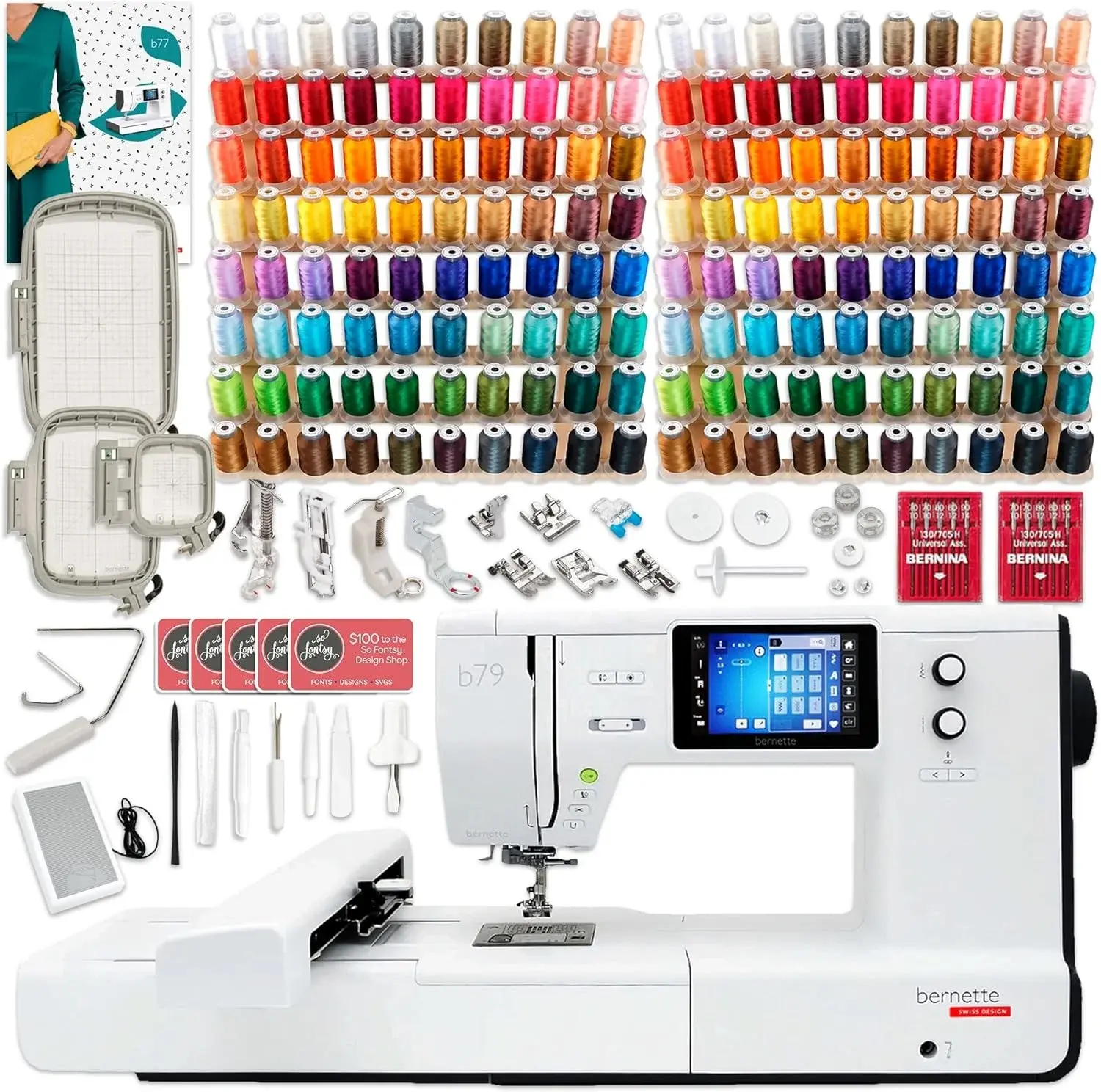 Bernette B79 6" x 10" Combo Sewing & Embroidery Machine Deluxe 160 Embroidery Spools with Premium Accessory & Designs Package