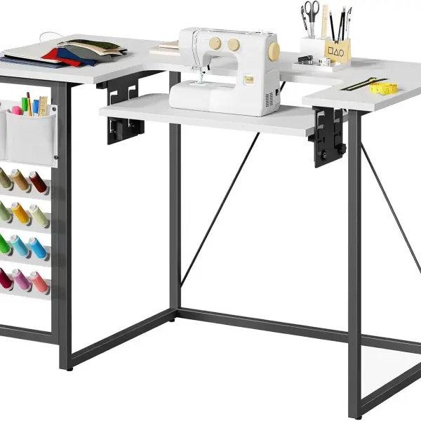 HOOBRO Folding Sewing Table, Height Adjustable Sewing Craft Table, Sewing Machine Table with Lockable Wheels, Shelves, Pegs, Storage Bags, for Home Office, Apartment, White and Black WB90TC01