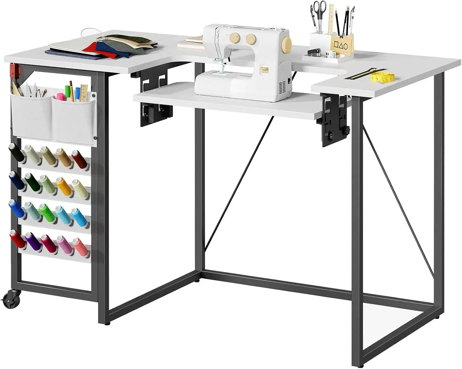 HOOBRO Folding Sewing Table, Height Adjustable Sewing Craft Table, Sewing Machine Table with Lockable Wheels, Shelves, Pegs, Storage Bags, for Home Office, Apartment, White and Black WB90TC01