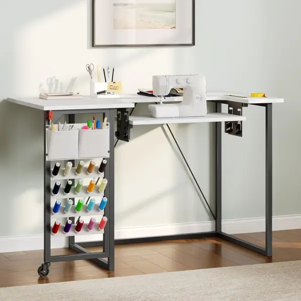 HOOBRO Folding Sewing Table, Height Adjustable Sewing Craft Table, Sewing Machine Table with Lockable Wheels, Shelves, Pegs, Storage Bags, for Home Office, Apartment, White and Black WB90TC01