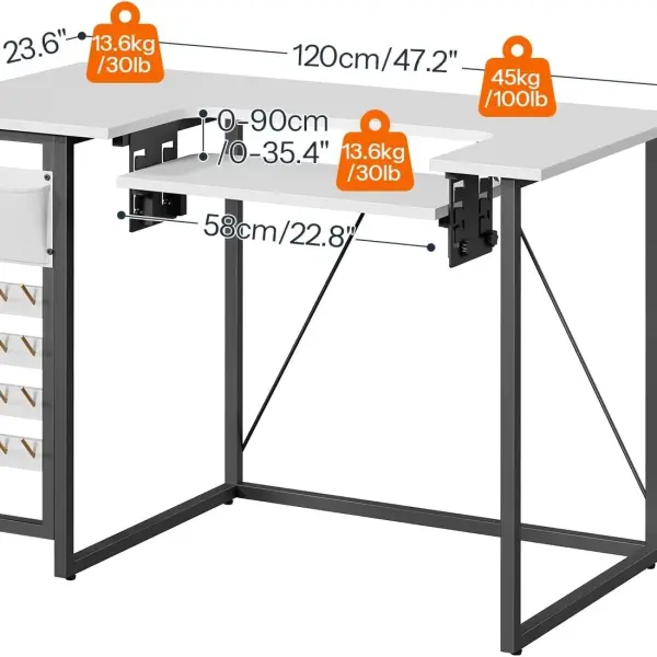 HOOBRO Folding Sewing Table, Height Adjustable Sewing Craft Table, Sewing Machine Table with Lockable Wheels, Shelves, Pegs, Storage Bags, for Home Office, Apartment, White and Black WB90TC01