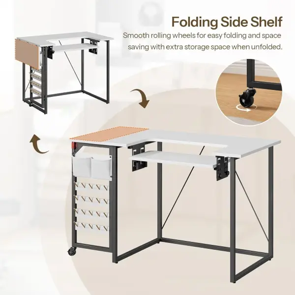 HOOBRO Folding Sewing Table, Height Adjustable Sewing Craft Table, Sewing Machine Table with Lockable Wheels, Shelves, Pegs, Storage Bags, for Home Office, Apartment, White and Black WB90TC01